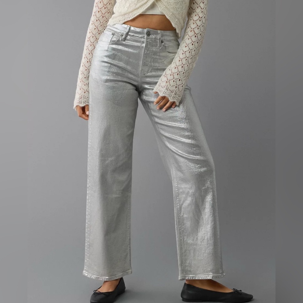 Wayf silver metallic vegan faux leather jeans high waisted